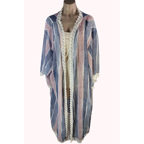LaLaRoe Tops - LuLaRoe Chloe Striped Lace Trim Open Kimono Womens Size XL Boho Pink Blue Cover